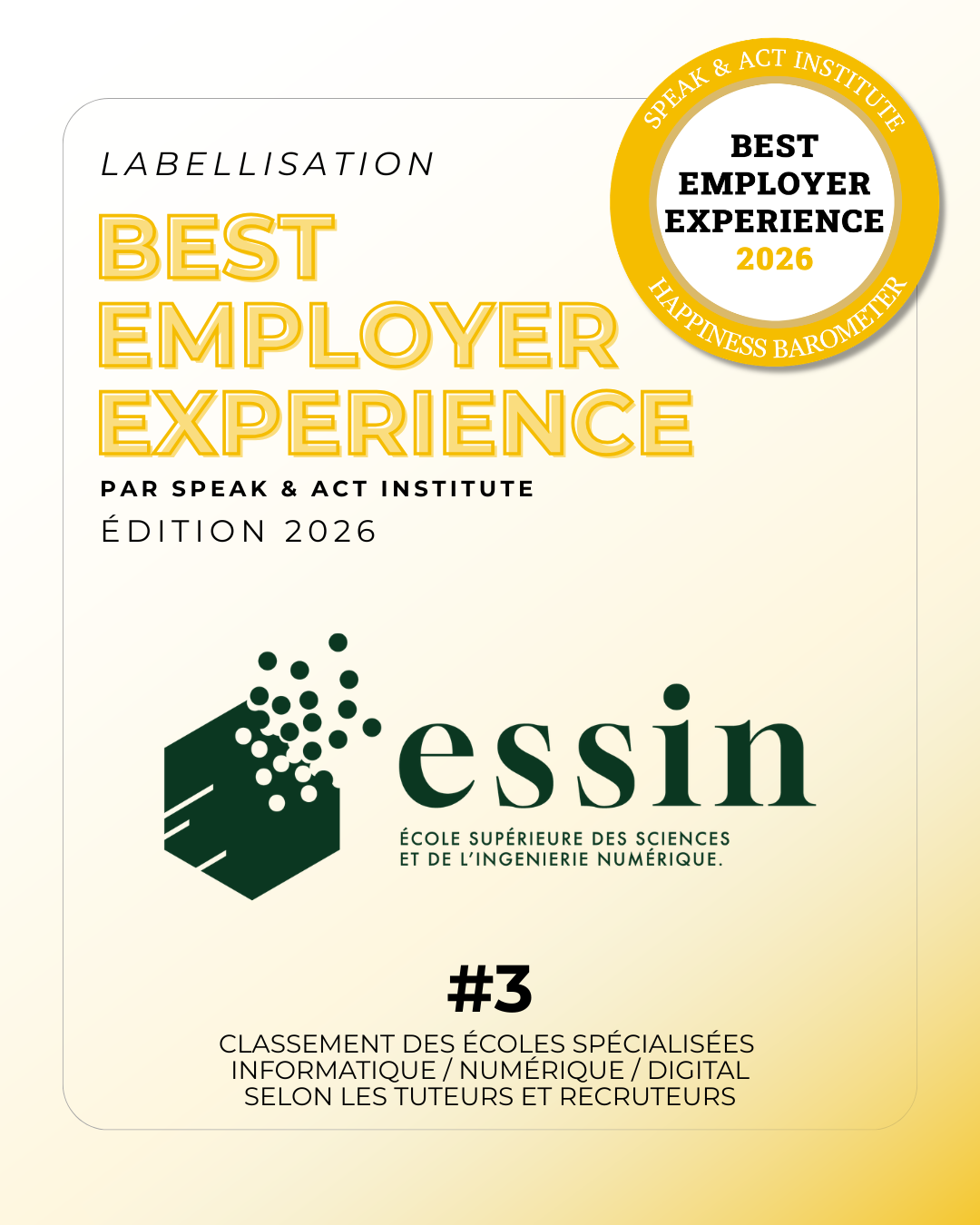 ESSIN labellisée Best Employer Experience 2026 par Speak & Act Institute avec une note de 4,28/5